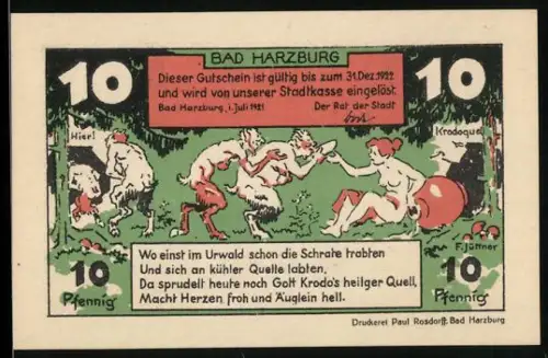Notgeld Bad Harzburg 1921, 10 Pfennig, tanzende Waldgeister und Krodobad-Szene