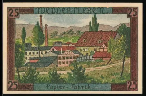 Notgeld Weddersleben 1921, 25 Pfennig, Papierfabrik und Inschrift Mit Gunst von wegen`s Handwerk
