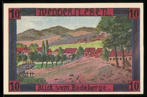 Notgeld Weddersleben 1921, 10 Pfennig, Blick vom Bodeberge, Wappen der Gemeinde