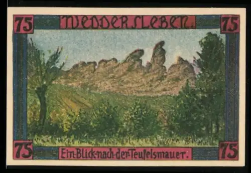 Notgeld Weddersleben 1921, 75 Pfennig, Blick nach der Teufelsmauer mit Wappen