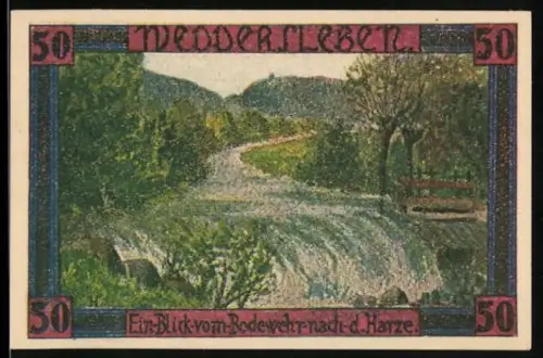 Notgeld Weddersleben 1921, 50 Pfennig, Landschaft am Bodewehr mit Text und Wappen