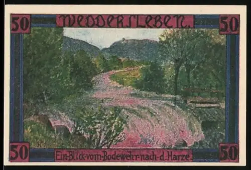 Notgeld Weddersleben 1921, 50 Pfennig, Blick vom Bodewehr nach dem Harz