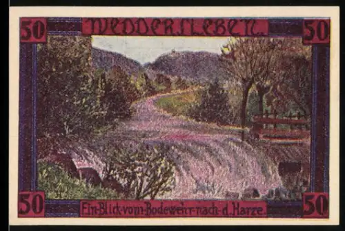 Notgeld Weddersleben 1921, 50 Pfennig, Blick vom Bodewehr nach dem Harz