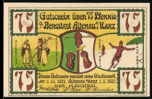 Notgeld Altenau /Harz 1921, 75 Pfennig, Skifahrer und Winterlandschaft, Wappen mit Bärentatze