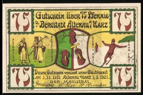 Notgeld Altenau /Harz 1921, 75 Pfennig, Wappen, Figuren, Winterlandschaft, Nabetaler Wasserfall, Früchte und Münzen
