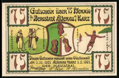 Notgeld Altenau /Harz 1921, 75 Pfennig, Bergleute, Skifahrer und Landschaft am Hüttenteich