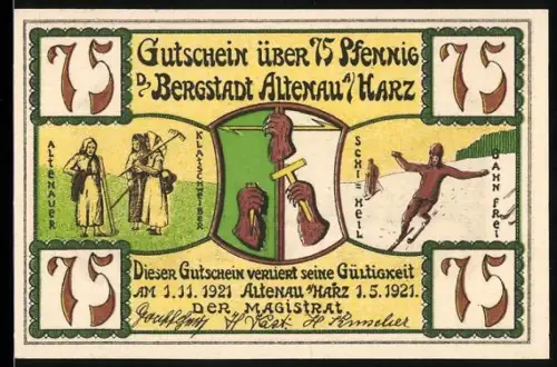 Notgeld Altenau /Harz 1921, 75 Pfennig, Bergbauwerkzeuge und Dorflandschaft mit Raben