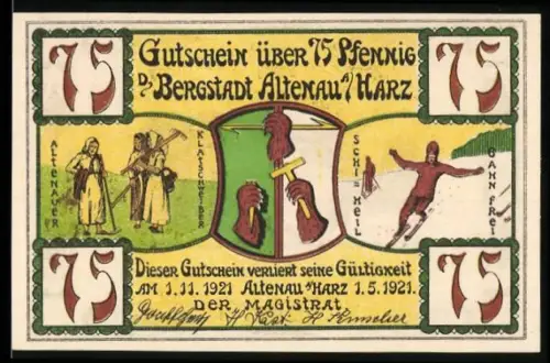 Notgeld Altenau /Harz 1921, 75 Pfennig, Bergleute und Skifahrer, Kurhaus mit Villa Margareta