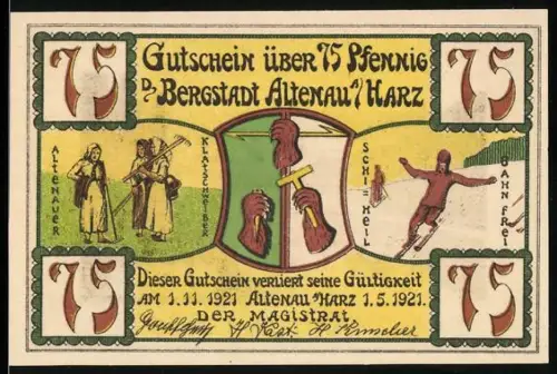 Notgeld Altenau /Harz 1921, 75 Pfennig, Ski- und Bergmannsmotiv, Harzlandschaft mit Rinderherde