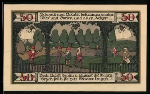 Notgeld Ballenstedt 1921, 50 Pfennig, Gartenszene mit Figuren und Landschaft mit Ortsansicht