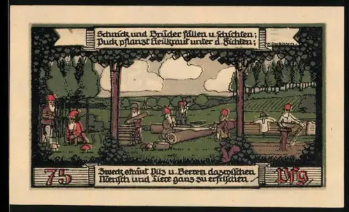 Notgeld Ballenstedt 1921, 75 Pfennig, Waldarbeiten und Kreiskrankenhaus