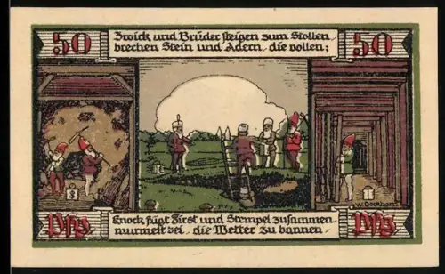 Notgeld Ballenstedt 1921, 50 Pfennig, Bergarbeiter und Landschaft mit Bergblick