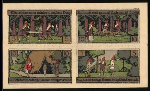 Notgeld Ballenstedt 1921, 30 Pfennig, Zwerge im Wald mit Sprüchen und Ornamentdesign