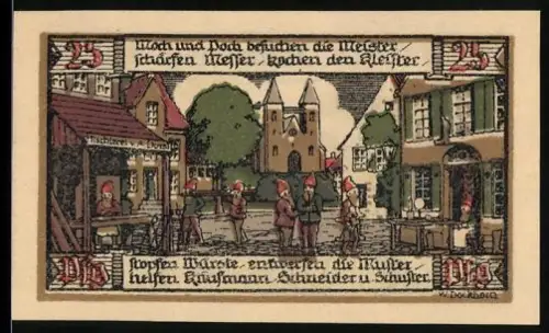 Notgeld Ballenstedt 1921, 25 Pfennig, Marktszene mit Handwerkern und Landschaft mit Burg