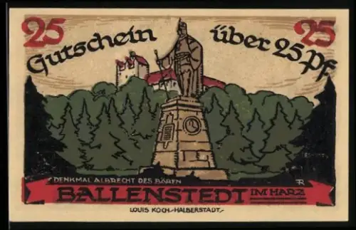 Notgeld Ballenstedt i. Harz 1921, 25 Pf, Denkmal Albrecht des Bären, Wappen