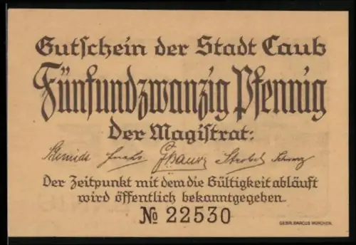 Notgeld Caub, 25 Pfennig, Burgansicht mit Wolkenhimmel