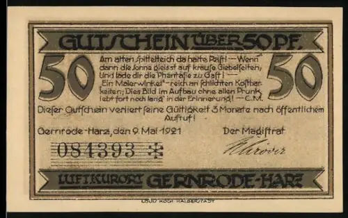 Notgeld Gernrode /Harz 1921, 50 Pfennig, Ortsansicht mit Kirche und Fachwerkhäusern im Hintergrund
