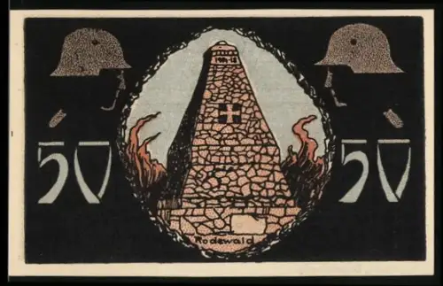 Notgeld Neustadt a. R. 1921, 50 Pfennig, Denkmal mit Flammen und Soldatenhelmen