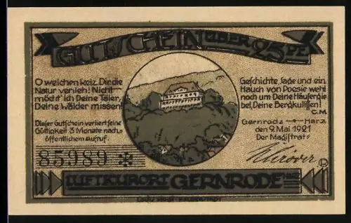 Notgeld Gernrode /Harz 1921, 25 Pfennig, Landschaft mit Gebäude und Ortsansicht im Harz