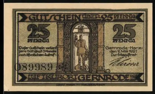 Notgeld Gernrode /Harz 1921, 25 Pfennig, mittelalterliche Figur und Kirche