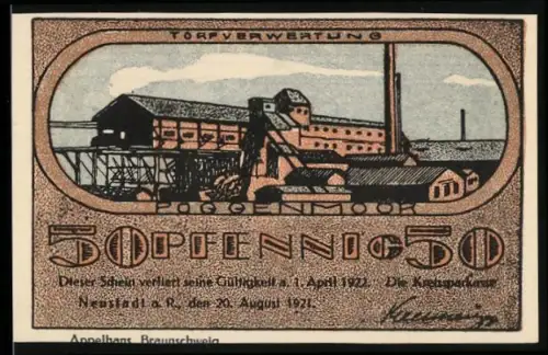 Notgeld Neustadt a. R. 1921, 50 Pfennig, Torfverwertungsanlage und Strommasten mit Logo