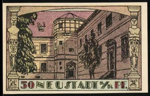 Notgeld Neustadt a. R. 1921, 50 Pf, Schlossansicht und Gebäudeansicht mit Bäumen