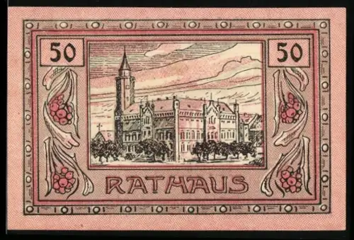 Notgeld Canth, 50 Pfennig, Rathausansicht und Wappen mit Greif und Löwen