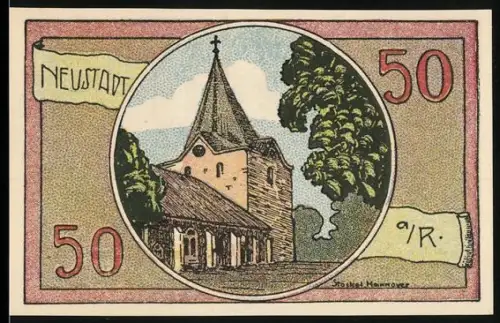 Notgeld Neustadt a. R. 1921, 50 Pfennig, Kirche und Löwe auf Burgmauer