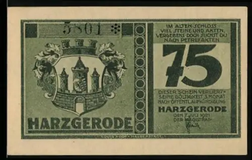 Notgeld Harzgerode 1921, 75 Pfennig, Schloss und Wappen von Harzgerode