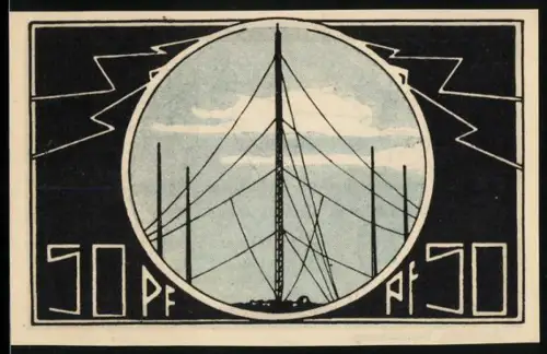 Notgeld Neustadt a. R. 1921, 50 Pf, Funkmast und Weltkarte mit Kabelverbindungen