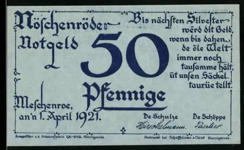 Notgeld Nöschenrode 1921, 50 Pfennig, Frau mit Ziege und Spruch, Wappen