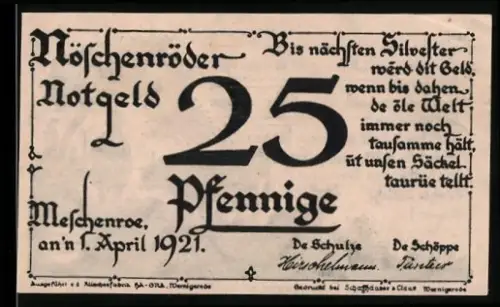 Notgeld Nöschenrode 1921, 25 Pfennig, Bauer mit Kühen und Baum, Wappen