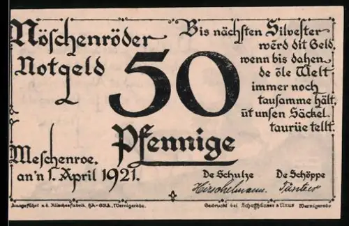 Notgeld Nöschenrode 1921, 50 Pfennig, Scherenschnitt mit Holzträgerin und Ziege, Wappen