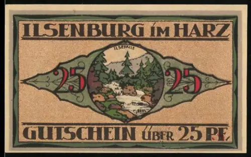 Notgeld Ilsenburg im Harz 1920, 25 Pf, Ilsefälle und Tanne