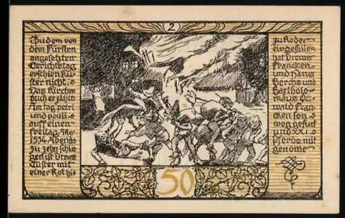 Notgeld Rieder /Ostharz 1921, 50 Pfennig, Dorfszene mit kämpfenden Personen und Initiale R