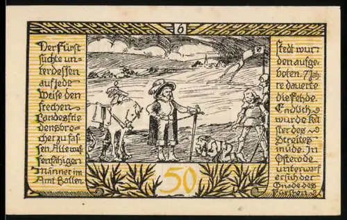 Notgeld Rieder /Ostharz 1921, 50 Pfennig, ländliche Szene mit Bauern und Tieren