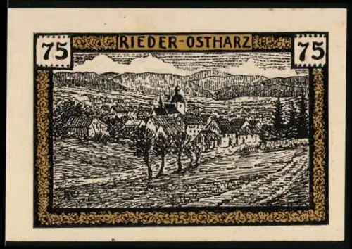 Notgeld Rieder /Ostharz 1921, 75 Pfennig, ländliche Szene und Erntearbeit