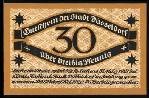 Notgeld Düsseldorf 1920, 30 Pfennig, gotisches Schriftmotiv mit Sternenornamenten