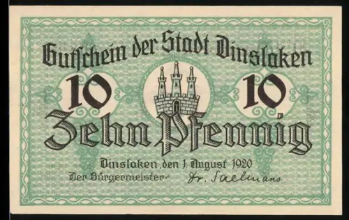 Notgeld Dinslaken 1920, 10 Pfennig, Burgmauer und Arbeiter-Motive