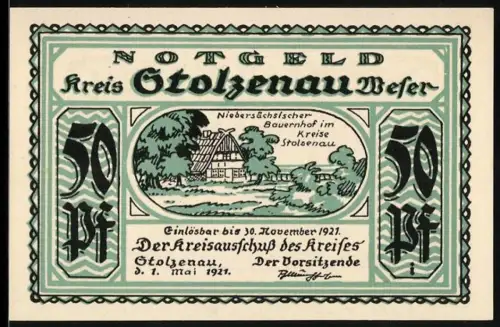 Notgeld Stolzenau /Weser 1921, 50 Pf, Niedersachsen Bauernhof und Kartenspielrunde