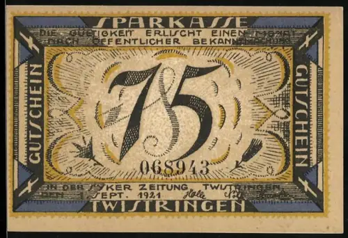 Notgeld Twistringen 1921, 75 Pfennig, Glocke und Frau mit Hund-Motiv