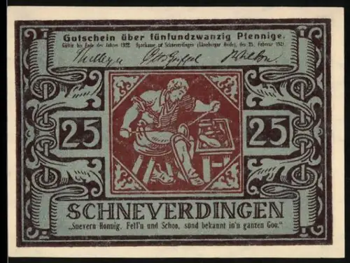 Notgeld Schneverdingen 1921, 25 Pfennig, Handwerker und verzierte Inschrift