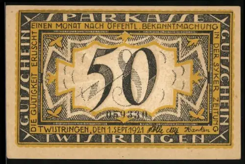 Notgeld Twistringen 1921, 50, Landschaft mit Kirche und Spruchband Geht use Stroh in alle Welt