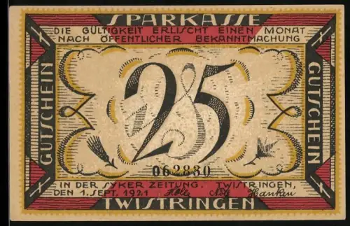 Notgeld Twistringen 1921, 25 Pfennig, Frau am Webstuhl