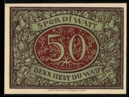Notgeld Schneverdingen 1921, 50 Pfennig, Schmied bei der Arbeit und florales Design