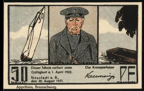Notgeld Neustadt a. R. 1921, 50 Pfennig, Segelboot und Porträt eines Mannes in Uniform