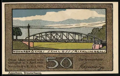 Notgeld Neustadt a. R. 1921, 50 Pfennig, Woynabrücke und Pavillon mit Skulptur