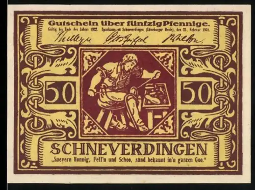 Notgeld Schneverdingen 1922, 50 Pfennig, Handwerker-Motiv und florales Design