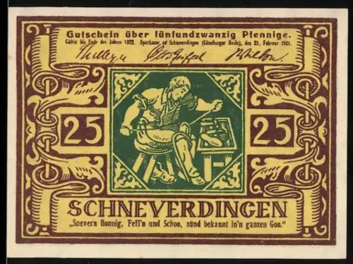 Notgeld Schneverdingen 1922, 25 Pfennig, Schuster bei der Arbeit, florales Muster mit Spruch