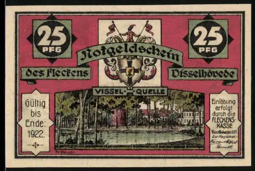 Notgeld Visselhövede 1922, 25 Pfennig, Vissel-Quelle und Zuchtschwein-Motive